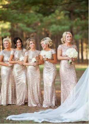 Cap Sleeves Champagne Sequin V Back Affordable Bridesmaid Dress